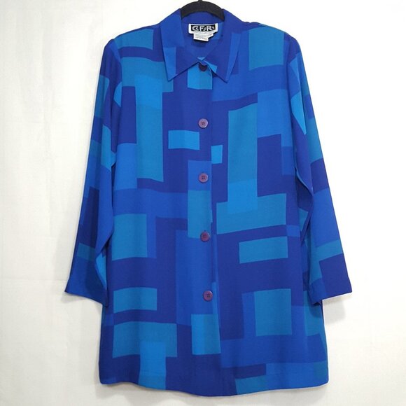 Vintage Christian Francis Roth button up blouse blue size S geometric print top - Picture 1 of 12